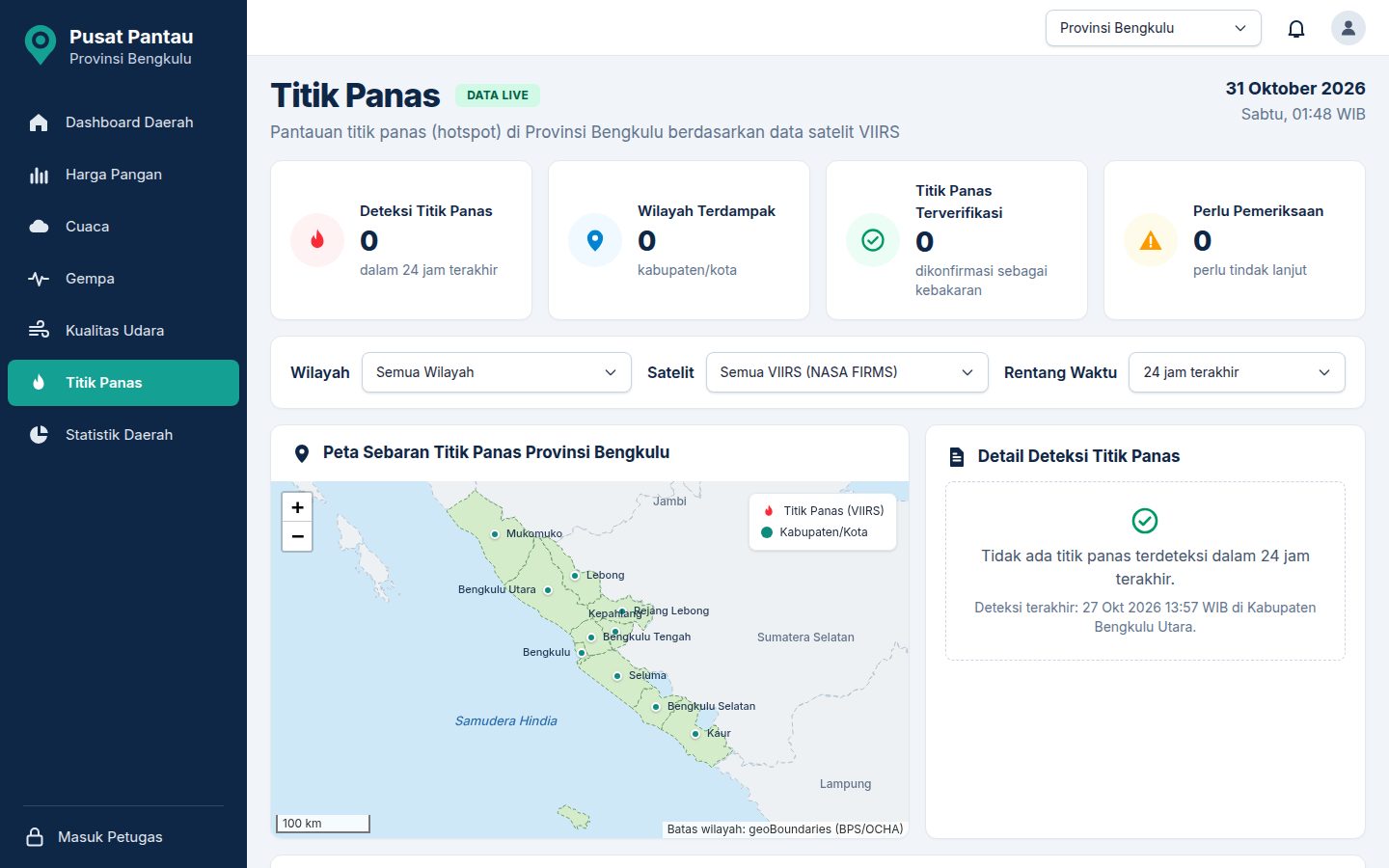 Tampilan menu Titik panas di Pusat Pantau